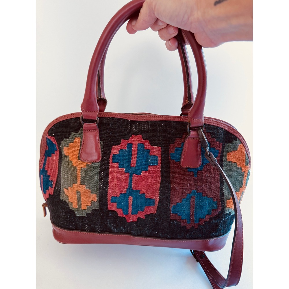 Kilim Rug Leather Satchel Crossbody Bag Boho Southwestern Tribal Purse
